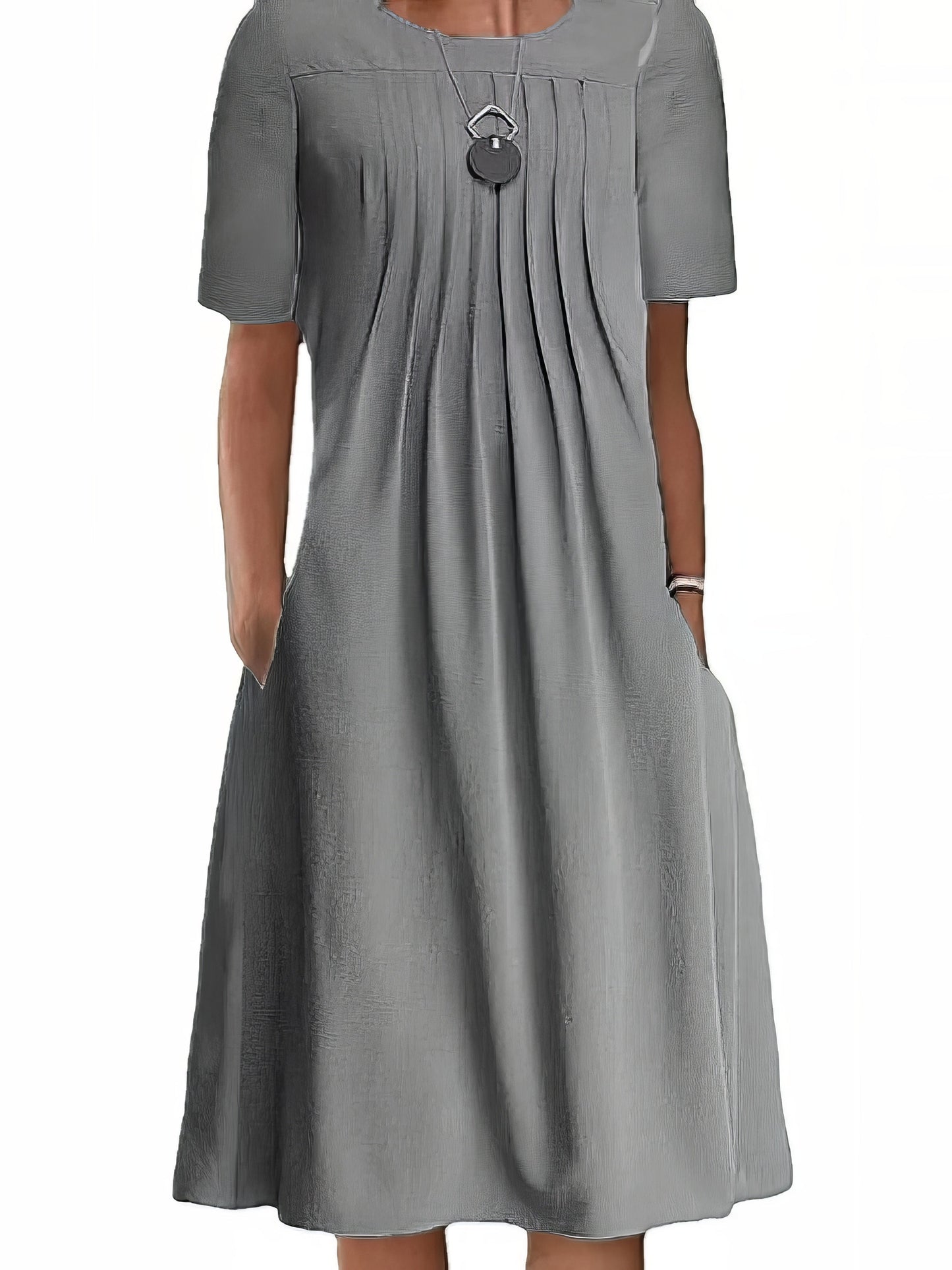 Casual Shift Short Sleeve Pure Color Loose Fit Midi Dress