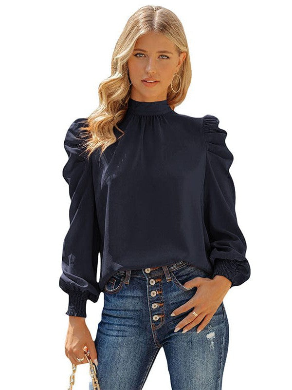 Women's Solid Color Long-Sleeve Turtleneck Pullover with Chiffon Princess Sleeves