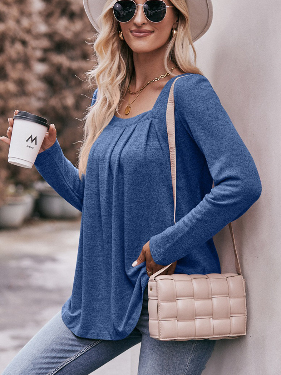 Casual Pleated Stylish Puff Sleeves Square Neck T-Shirt