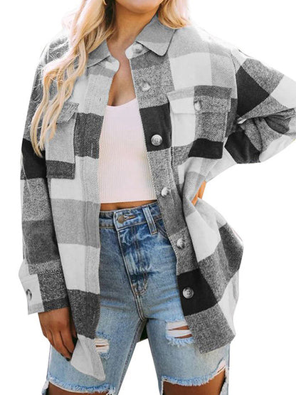 Coats - Casual Plaid Button Down Long Sleeve Coat - MsDressly