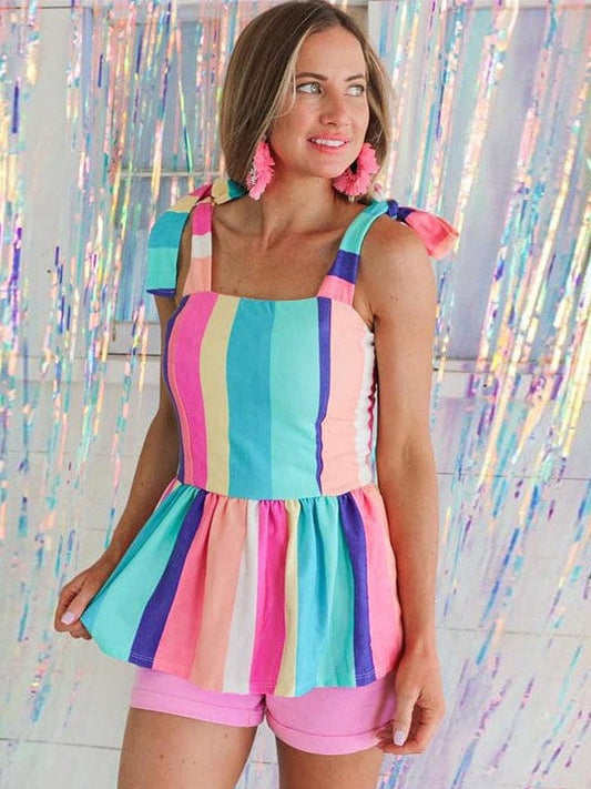 Colorful Striped Knitted Vest with Spaghetti Straps and Vibrant Contrasting Pullover