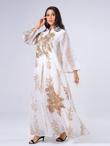 Maxi Dresses - V Neck Dessert Sequin Long Sleeve Maxi Dress - MsDressly