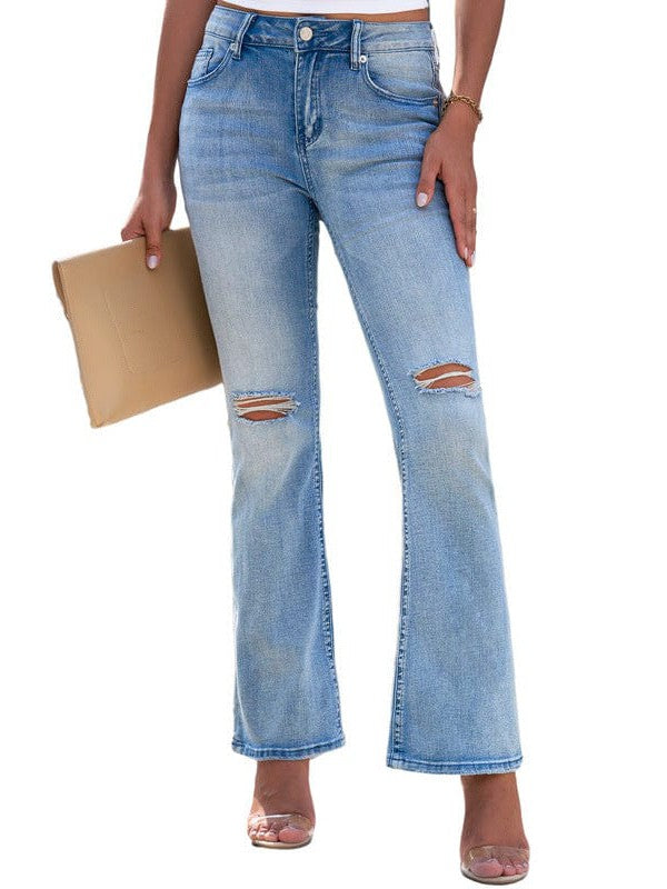 Flared High Waist Ripped Denim Jeans for Women