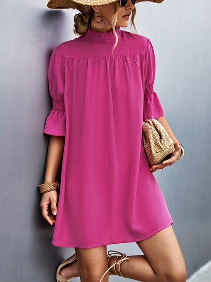 Mini Dresses - Loose Casual Solid Color  With Stand Collar Stylish Mini Dress - MsDressly