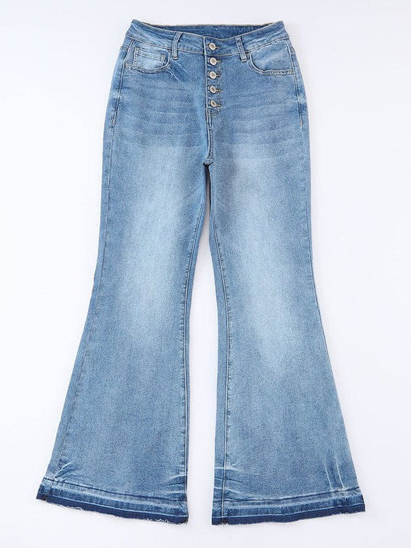 Women's Sky Blue High Waist Flared Jeans with Raw Edge Detail