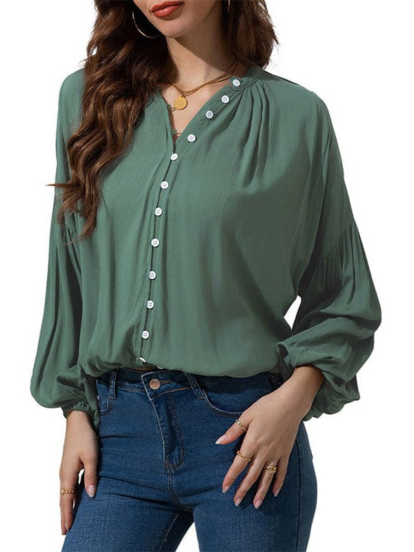 Women's Loose Balloon Sleeve V-Neck Blouse in Solid Color