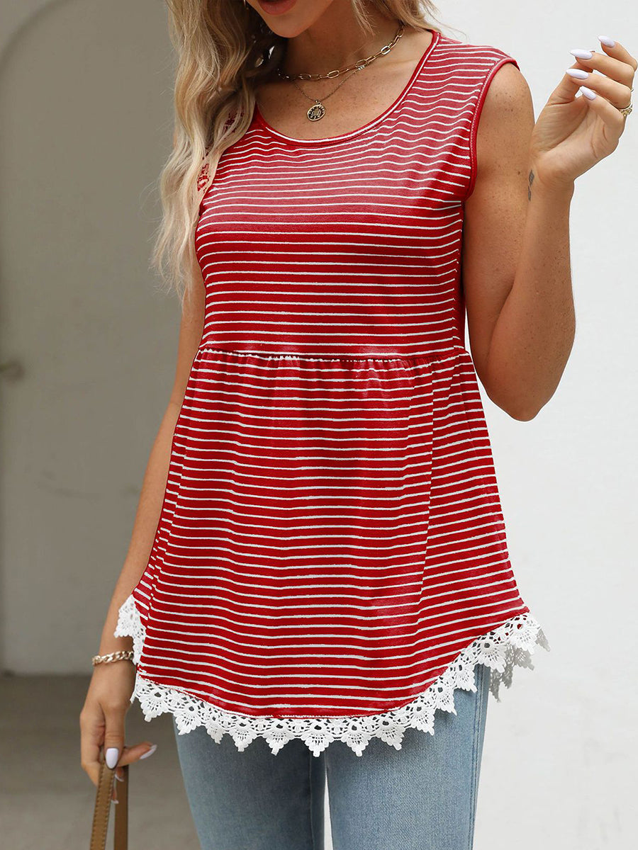 Blouses - Striped Lace Stitching Fashion Sleeveless Blouse - MsDressly