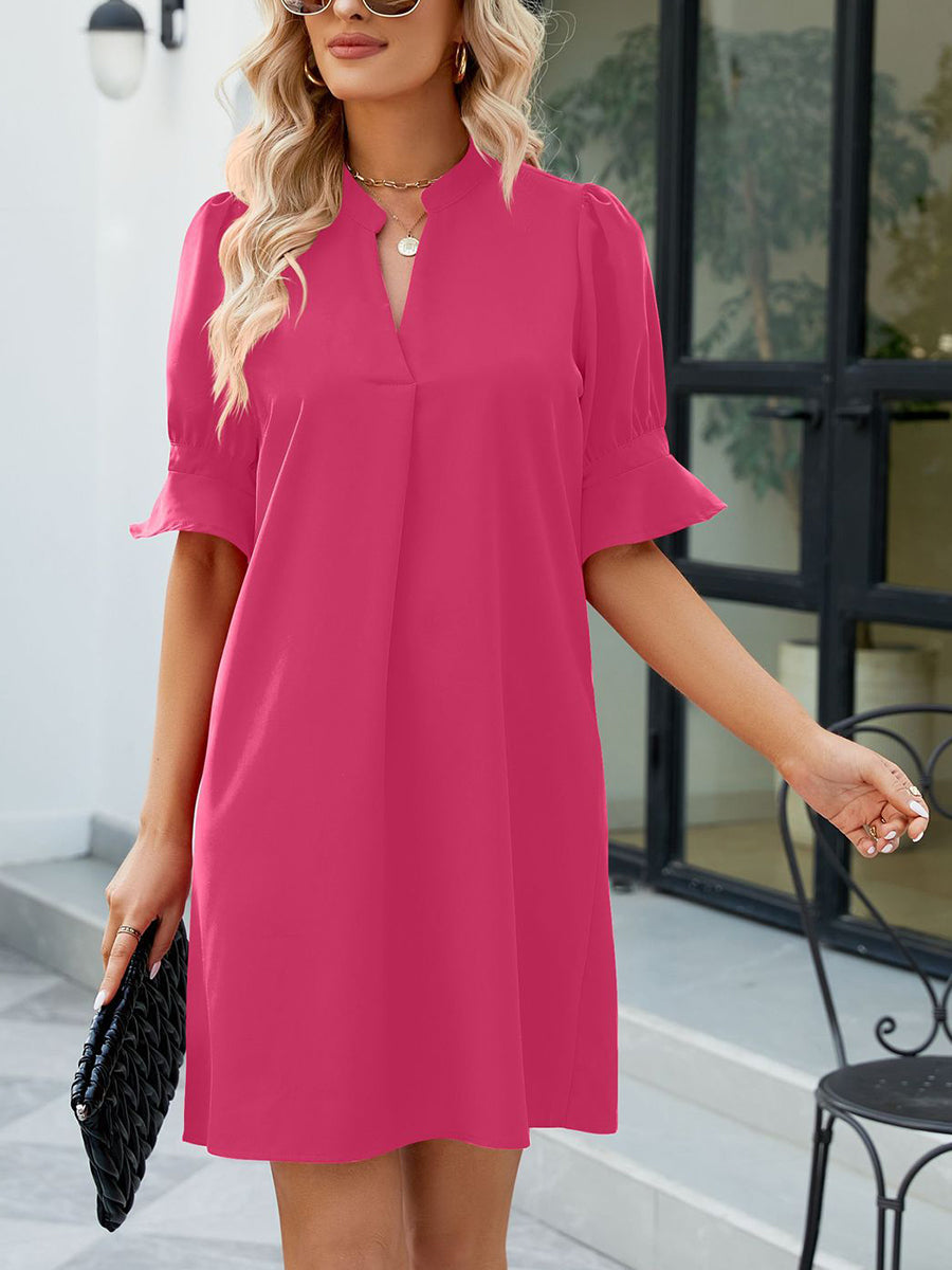 Mini Dresses - Solid Color Loose V Neck Half Sleeve Mini Dress - MsDressly