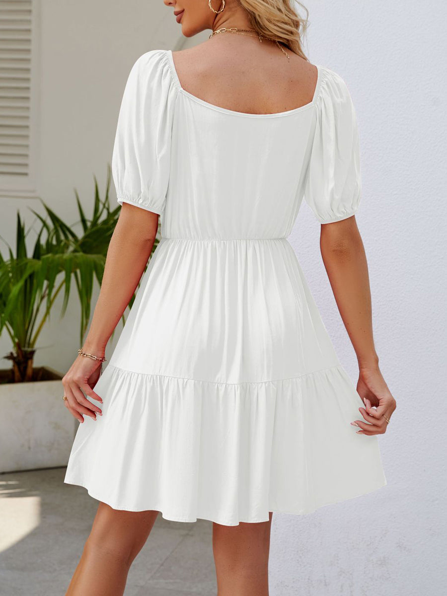 Mini Dresses - Square Neck Casual Loose Puff Sleeves Mini Dress - MsDressly