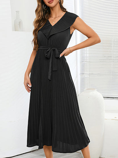 Temperament Pleated Slim Elegant Solid Color V Neck Midi Dress