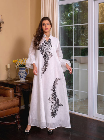 Printed Tie V Neck Long Sleeve Maxi Dress