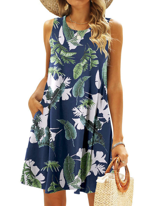 Simple Fun Beach Floral Casual Pockets Boho  Mini Dress