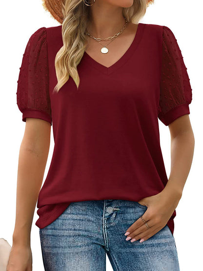 T-Shirts - Dot Loose Casual Puff Sleeve V Neck T Shirt - MsDressly