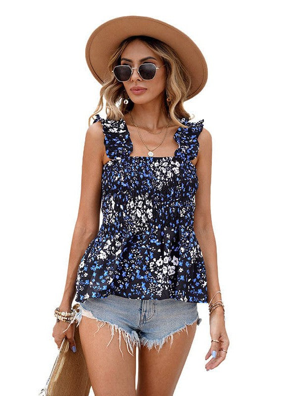 Floral Pleated Sleeveless Top with Slim Fit Pullover Style