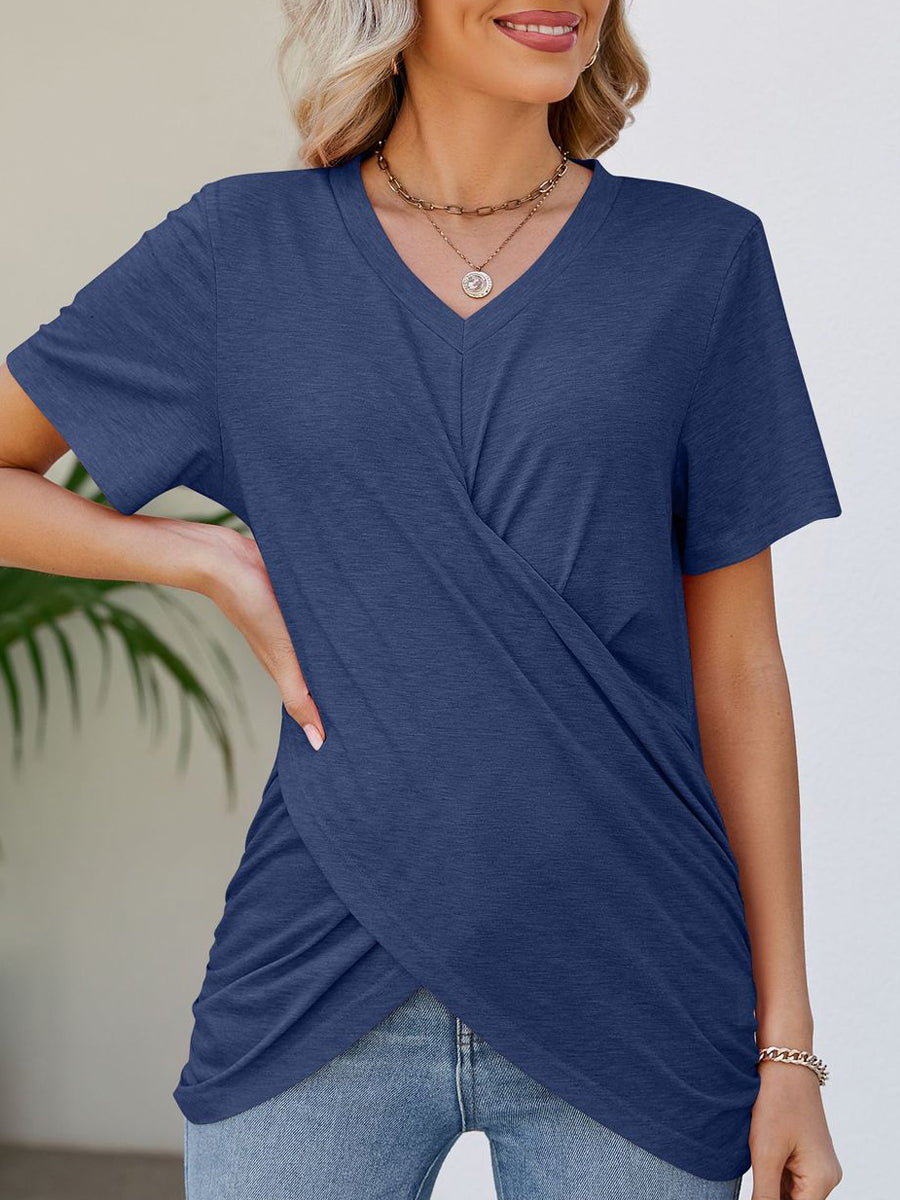 T-Shirts - Casual And Vibrant Multicolor Knotted Short Sleeve V Neck T Shirt - MsDressly