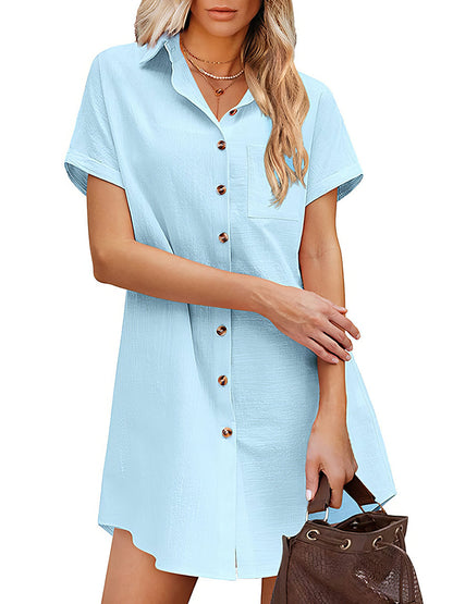 Blouses - Button Solid Color Lapel Short Sleeve Blouse - MsDressly