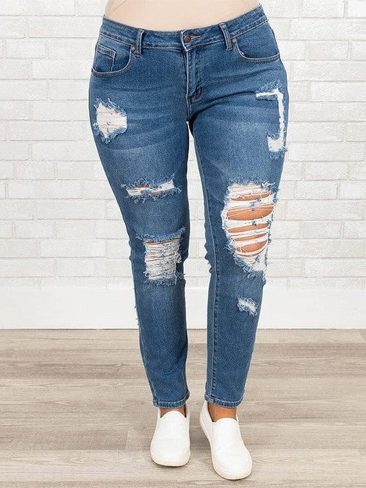 Women's Distressed High Waisted Skinny Jeans - Trendy Plus Size Denims