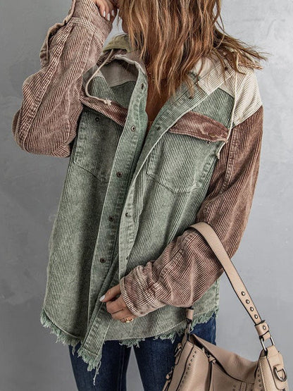 Contrast Stitched Corduroy Hooded Jacket for Women