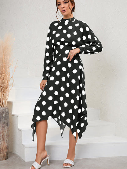 Midi Dresses - Unique And Chic Style Irregular Polka Dot Long Sleeve Midi Dress - MsDressly