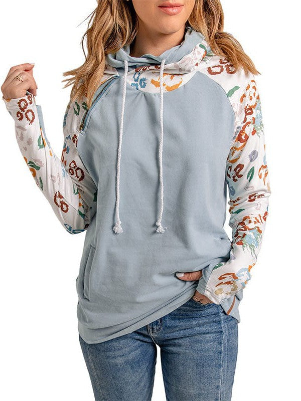 Women's Patchwork Hooded Zip-Up Sweatshirt with Long Sleeves and Pockets