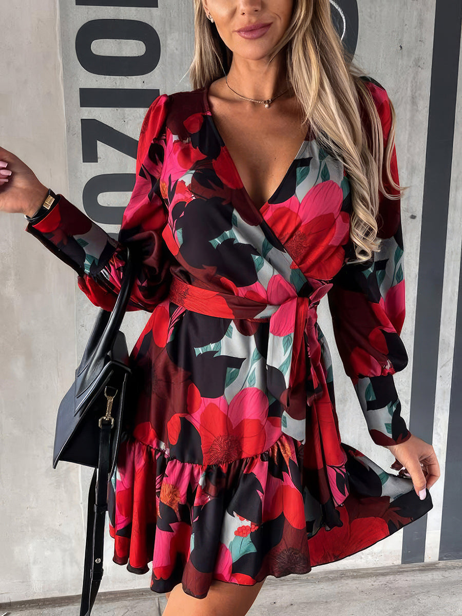 Mini Dresses - Printed Waist Strap V Neck Long Sleeved Mini Dress - MsDressly