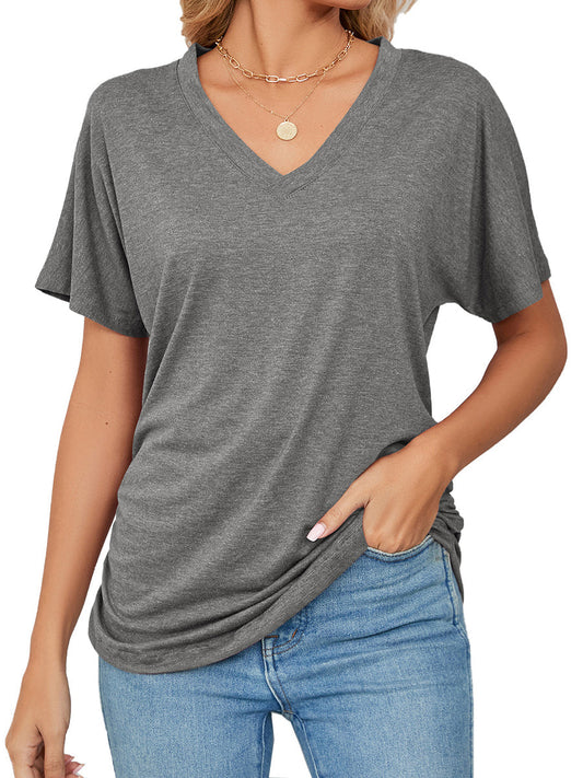Casual V Neck Short Sleeve Solid Color Basic T-Shirt