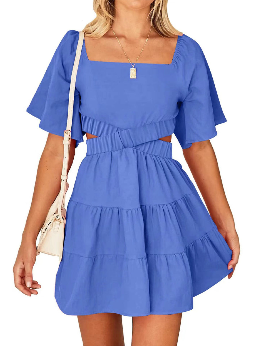Mini Dresses - Shy Velvet Crossover Waist Casual Party Square Neck Short Sleeves Mini Dress - MsDressly
