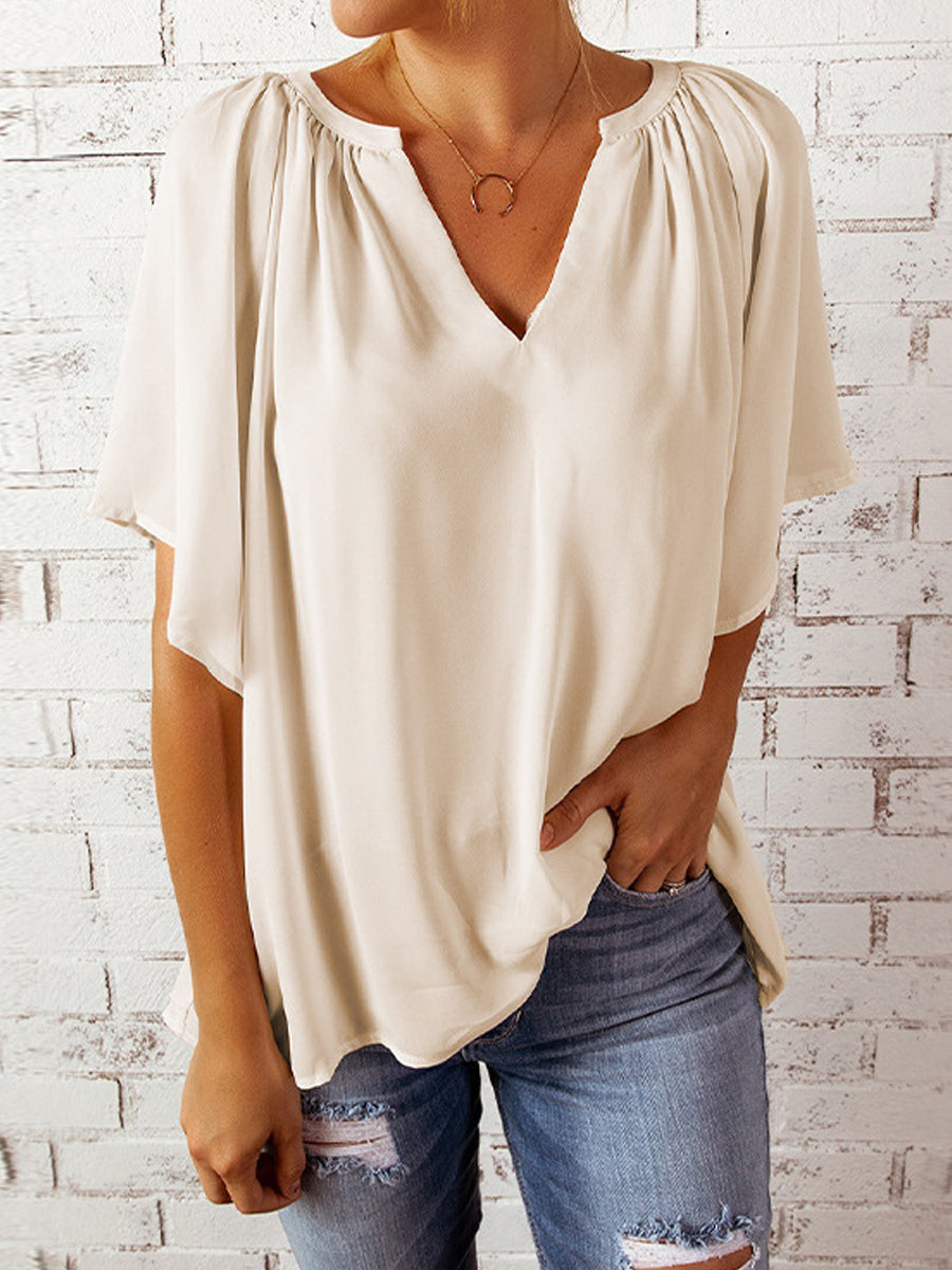 Blouses - Casual V Neck Loose Chiffon Pleated Flowy Tunic Blouse - MsDressly