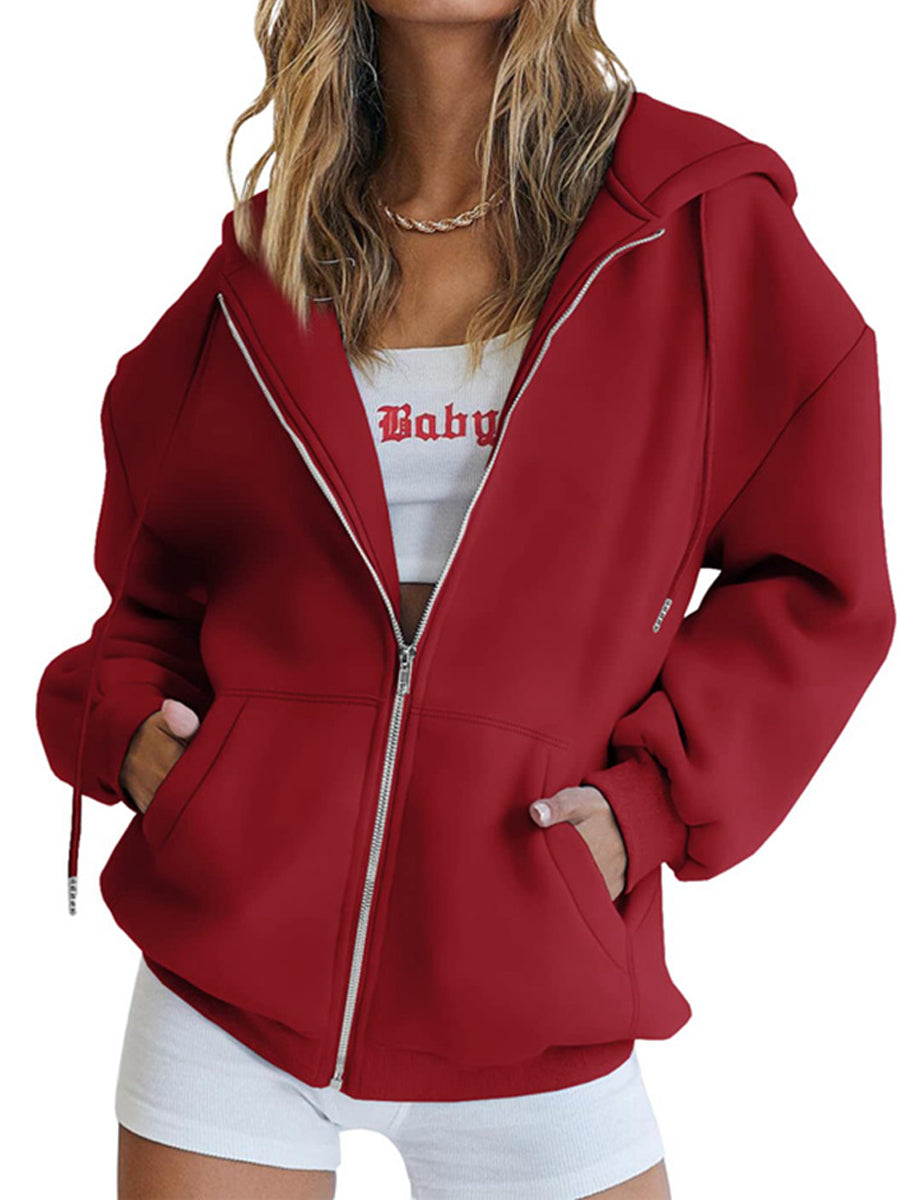 Hoodies - Zip Up Oversized Cute Casual Drawstring With Pockets Hoodie - MsDressly