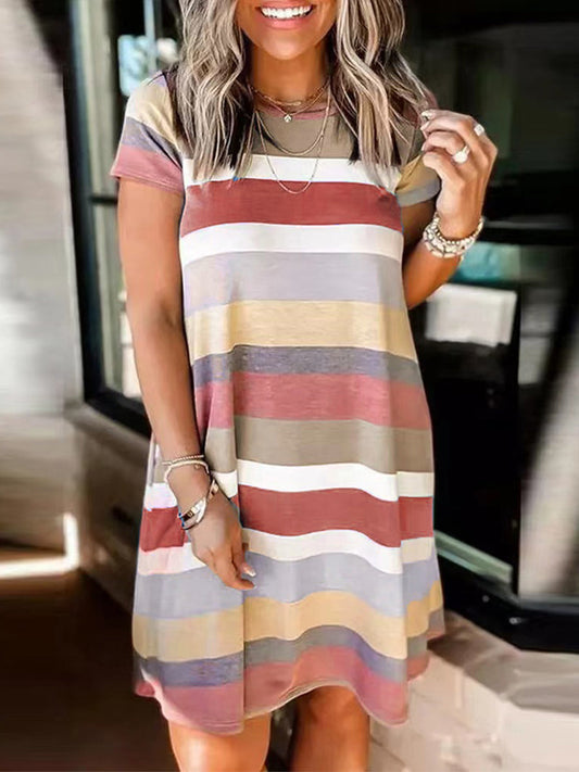 Mini Dresses - Loose Fashion Color Matching Stripe Print Short Sleeve Mini Dress - MsDressly