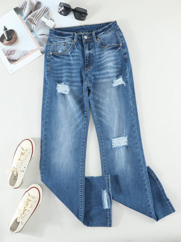 Frayed Black and Dark Blue Boot-Cut Jeans for Trendy Women