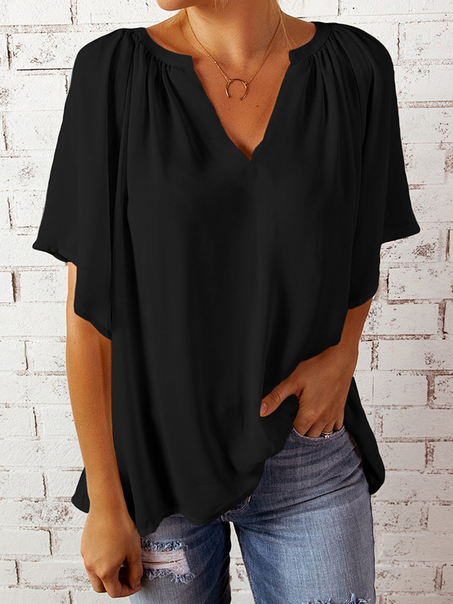 Blouses - Casual V Neck Loose Chiffon Pleated Flowy Tunic Blouse - MsDressly