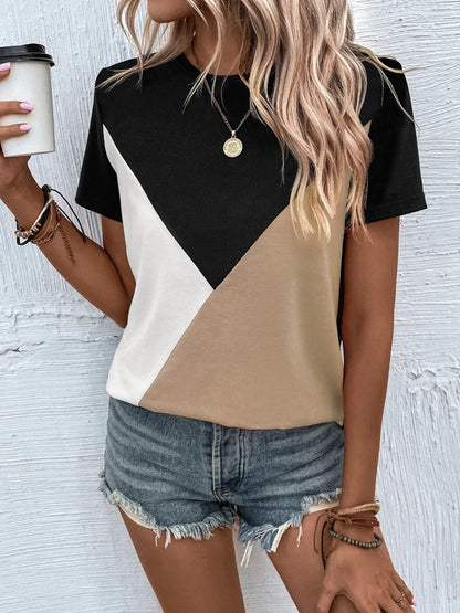 Contrast Color Stitching Loose Casual Round Neck T-Shirt