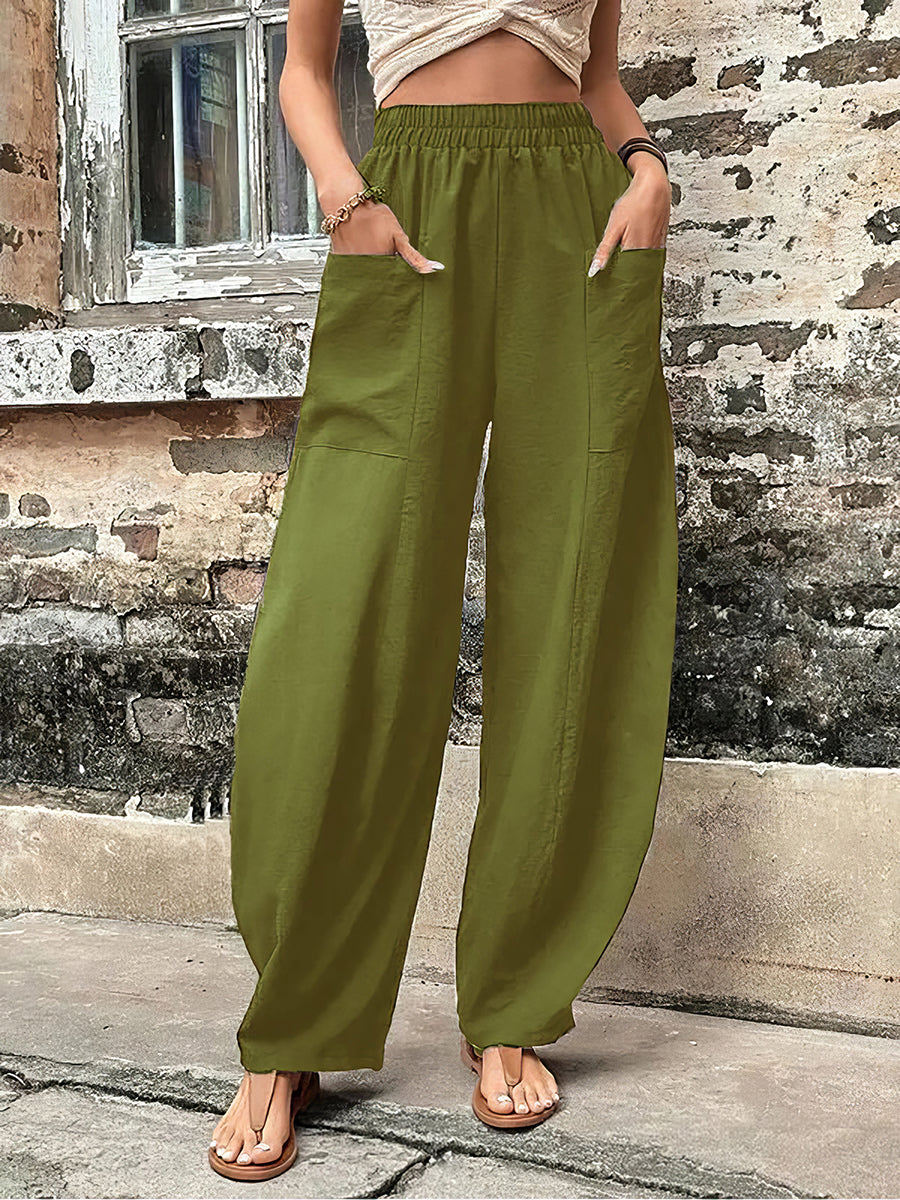 Pants - Solid Color Pocket Casual Elasticized Pants - MsDressly