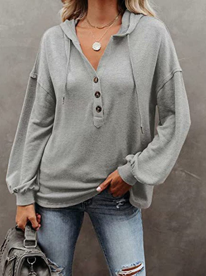 V-neck long-sleeved casual sweatshirt buttoned drawstring sports hoodie