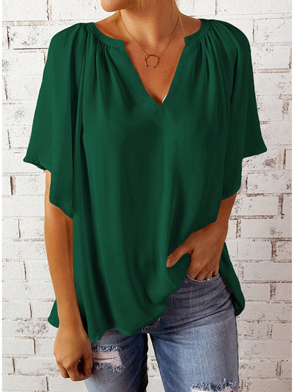 Blouses - Casual V Neck Loose Chiffon Pleated Flowy Tunic Blouse - MsDressly