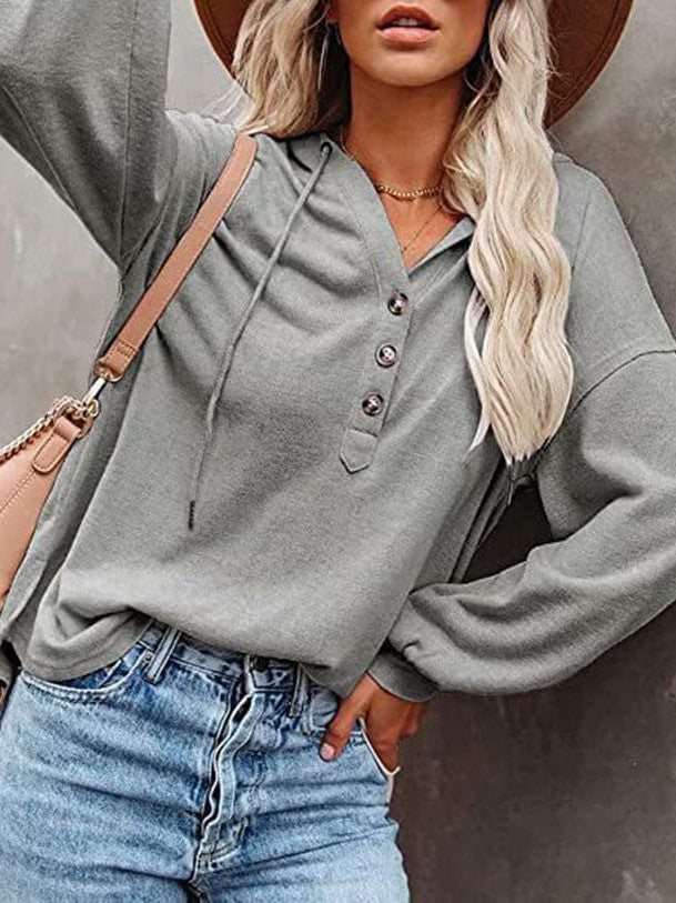 V-neck long-sleeved casual sweatshirt buttoned drawstring sports hoodie