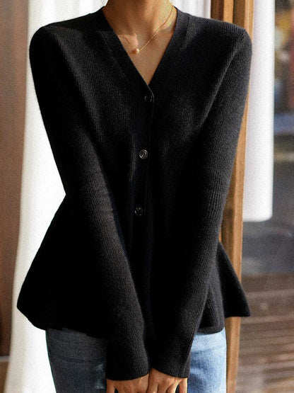 Sweaters - V Neck Long Sleeve Ribbed Pullover Knitted Peplum Sweater - MsDressly