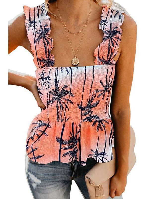 Floral Pleated Sleeveless Top with Slim Fit Pullover Style