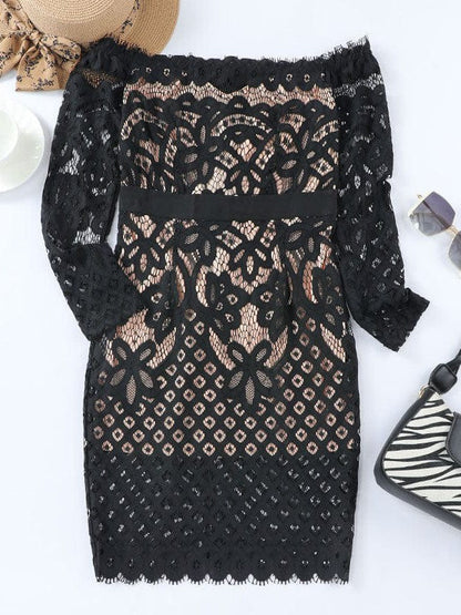 Off-Shoulder Lace Dress with Long Sleeves and Hip-Hugging Style