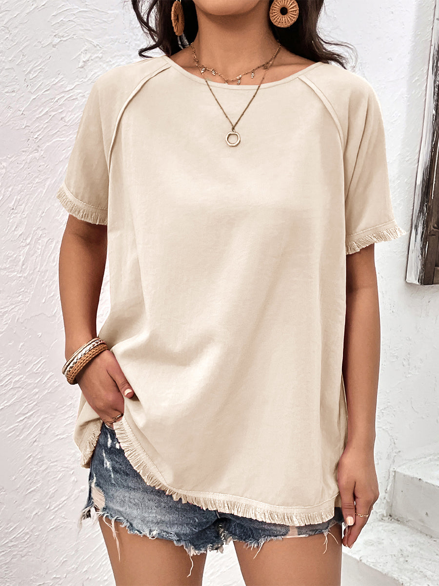 T-Shirts - Round Neck Raglan Sleeve Fringe Detail T-Shirt - MsDressly