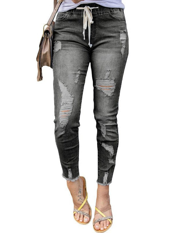 Elastic Waist Ripped Denim Jeans for Women with Drawstring Closure