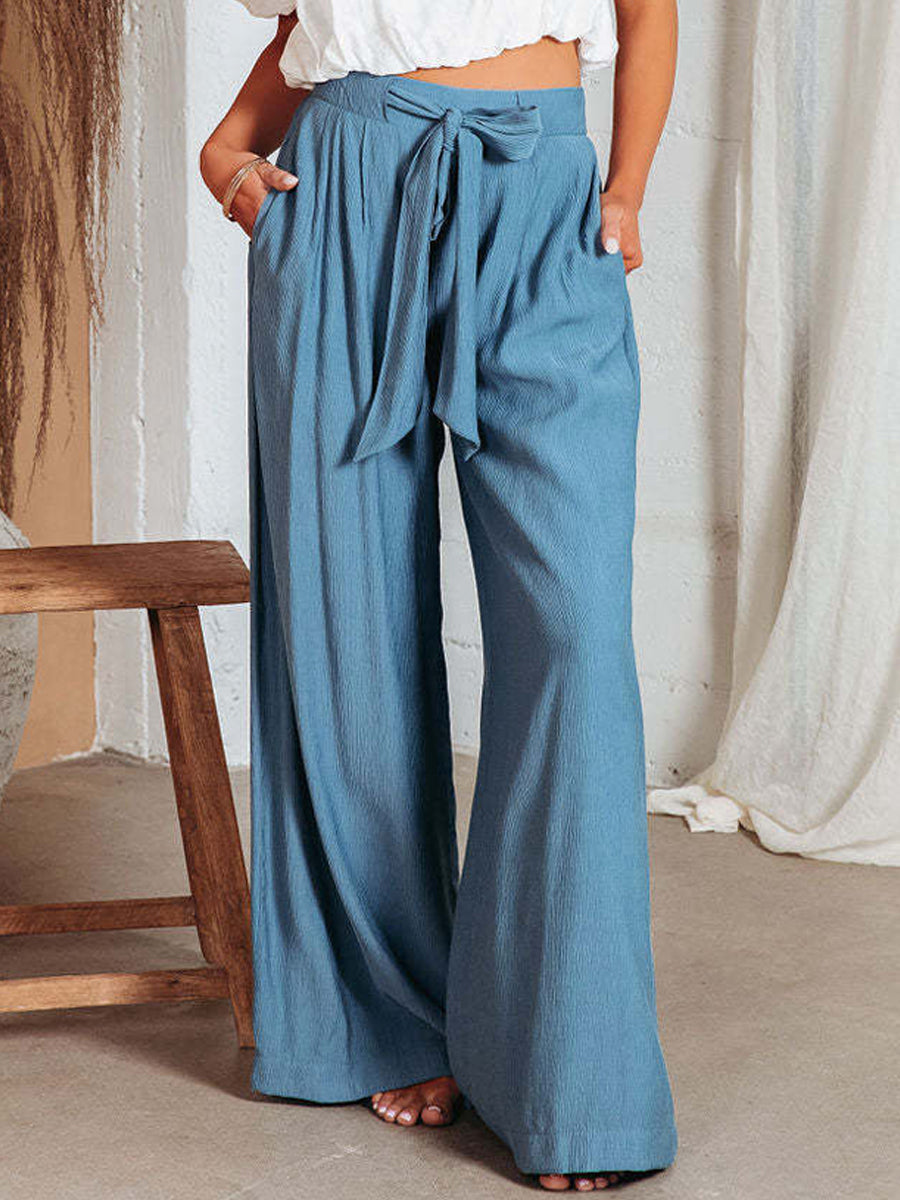 Pants - Casual High Waist Solid Color Wide Leg Pants - MsDressly