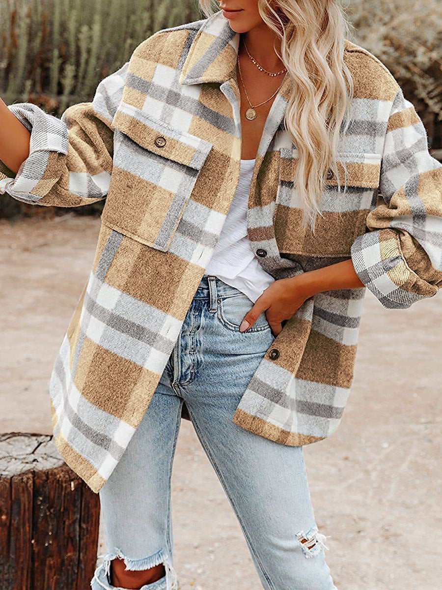 Coats - Loose Plaid Flannel Wool Lapel Coat - MsDressly