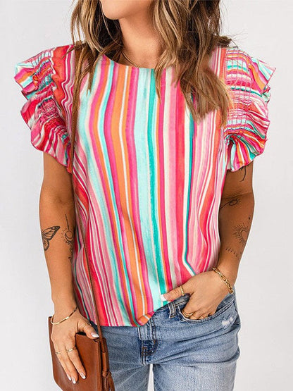 Women's Ruffled Three-Quarter Sleeve Chiffon Shirt with Abstract Print - Customizable Simple Style Pullover