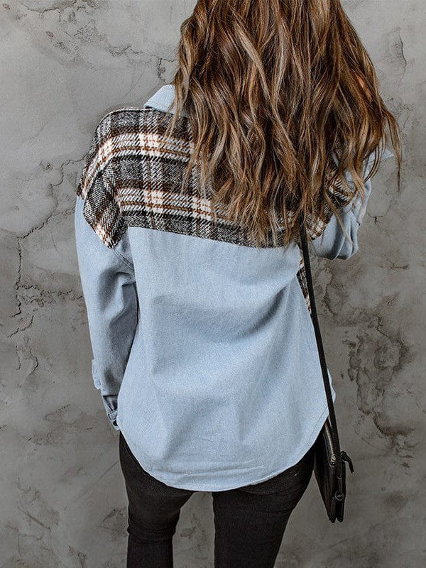 Plaid Denim Jacket with Contrast Colors for Women