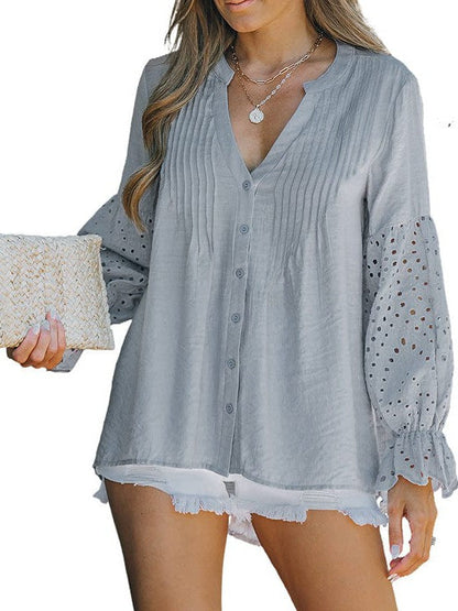 Women's Embroidered Buttoned Hollow Long-Sleeved Blouse with Ruffles