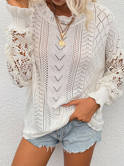 Stylish Lace Trim Panel Knit Cutout Sweater