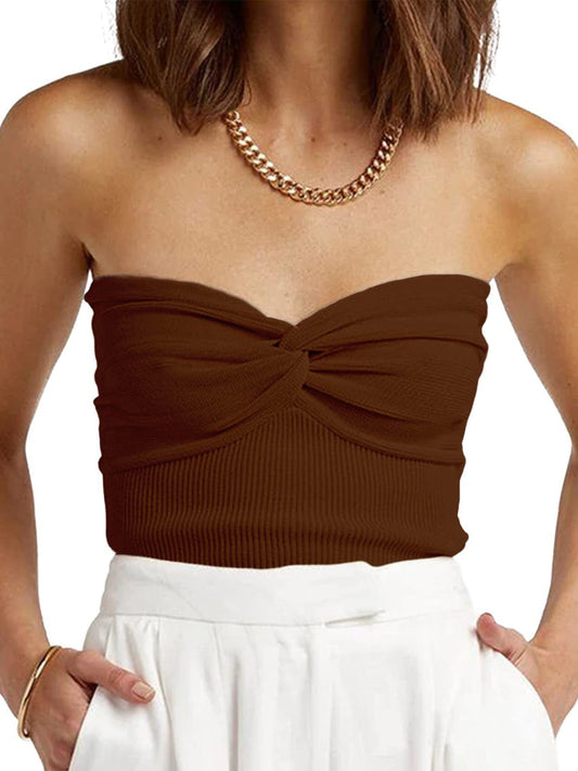 Strapless Crop Sexy Neck Ribbed Knit Twisted Knot Front Sleeveless Tank Top