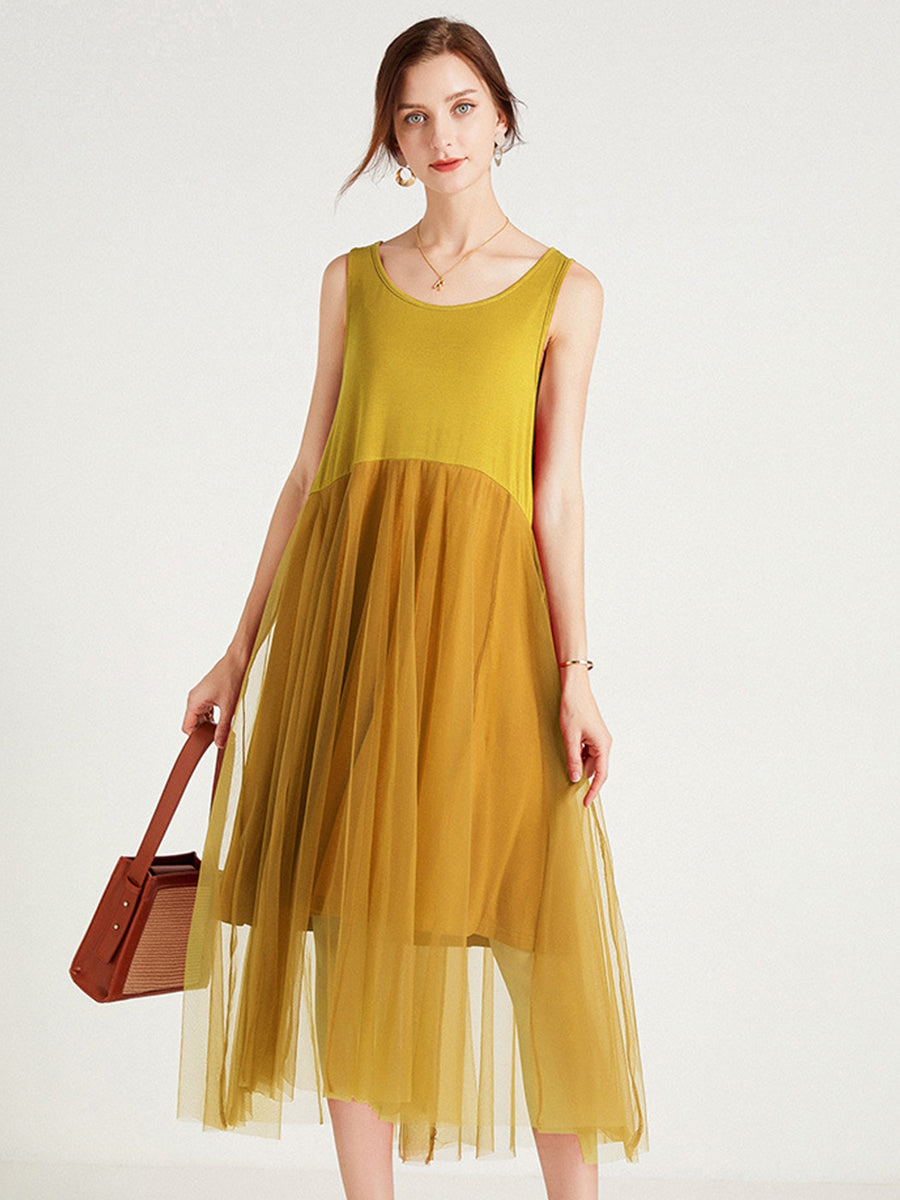 Plus Midi Dresses - Size Curve Dresses Plus Size Loose Solid Color Sleeveless Stitching Mesh Midi Dress - MsDressly